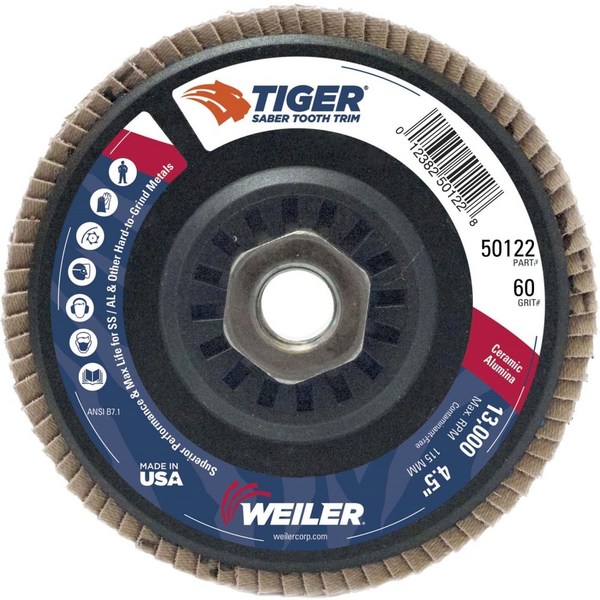 Weiler 4-1/2" Tiger Flap Disc, Conical (TY29), , 60C, 5/8"-11 UNC 50122
